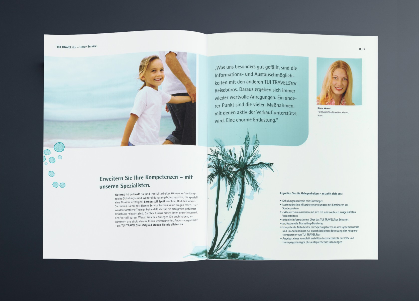 TUI TRAVELStar Reiseveranstalter – Europas führendem Reiseveranstalter, Broschüre – Doppelseite mit Empfehlungen zu Thema Reisen.